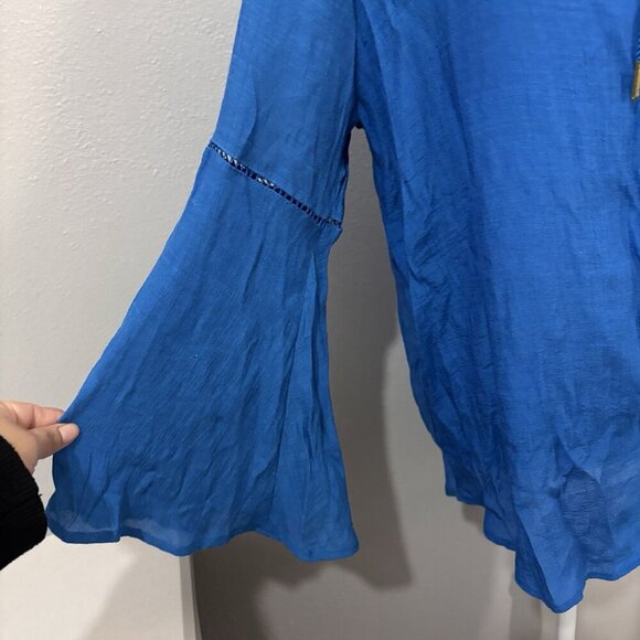 Counterparts Peasant Blouse Size Large Long Blue Bell Sleeve Boho Lightweight - Picture 4 of 13